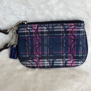 Coach Plaid Signature Wristlet Navy Pink Zip Pouch